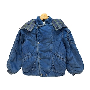 May include: A blue denim jacket with a plaid lining on the hood. The jacket has a zipper closure and multiple pockets.