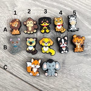 Puede incluir: Una colección de dijes con temática de animales, incluyendo un león, un mono, un perro, un gato y una cebra. Otros dijes muestran un gato, un perro, un zorro, un elefante y un tigre. Los dijes son coloridos.