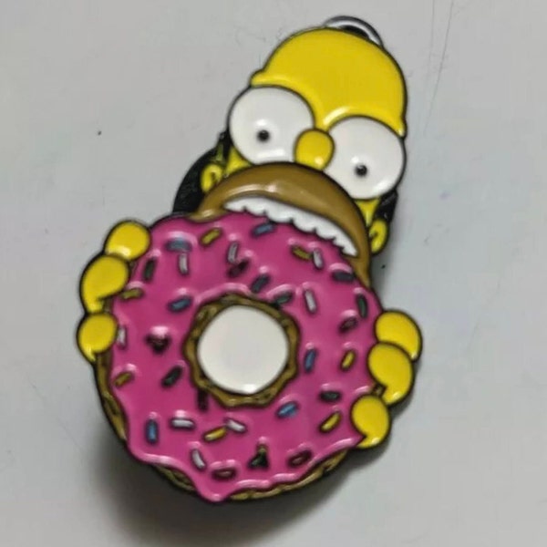 The Simpsons Cartoon Homer Eating Large Pink Donut Lapel Enamel Pin Badge Brooch