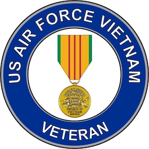 May include: A blue and silver circle with the text "US AIR FORCE VIETNAM VETERAN" around the edge. In the center is a gold medal with a green, red, and yellow ribbon. The medal has a gold emblem with a tree and the text "REPUBLIC OF VIETNAM SERVICE".