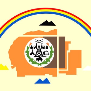 May include: A flag with a rainbow arch over a stylized orange map of a city with a white circle containing a black bear, a radio tower, and other symbols. The circle is surrounded by a green wreath. The flag has a yellow background.
