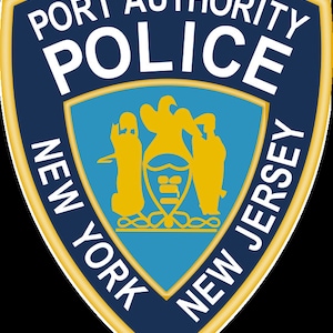 May include: A blue and gold shield with the words "Port Authority Police" and "New York New Jersey" in white text.