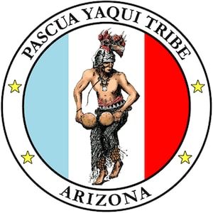 May include: A white circle with a red, white, and blue flag inside. A Native American man in a feathered headdress is holding two drumsticks. The text "PASCUA YAQUI TRIBE ARIZONA" is around the circle.