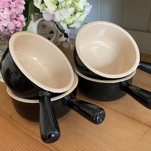 Set of 4 French Le Creuset French Onion Soup Bowls – Rare Onyx collectors colour ~ stoneware 5&quot; handled pot from France