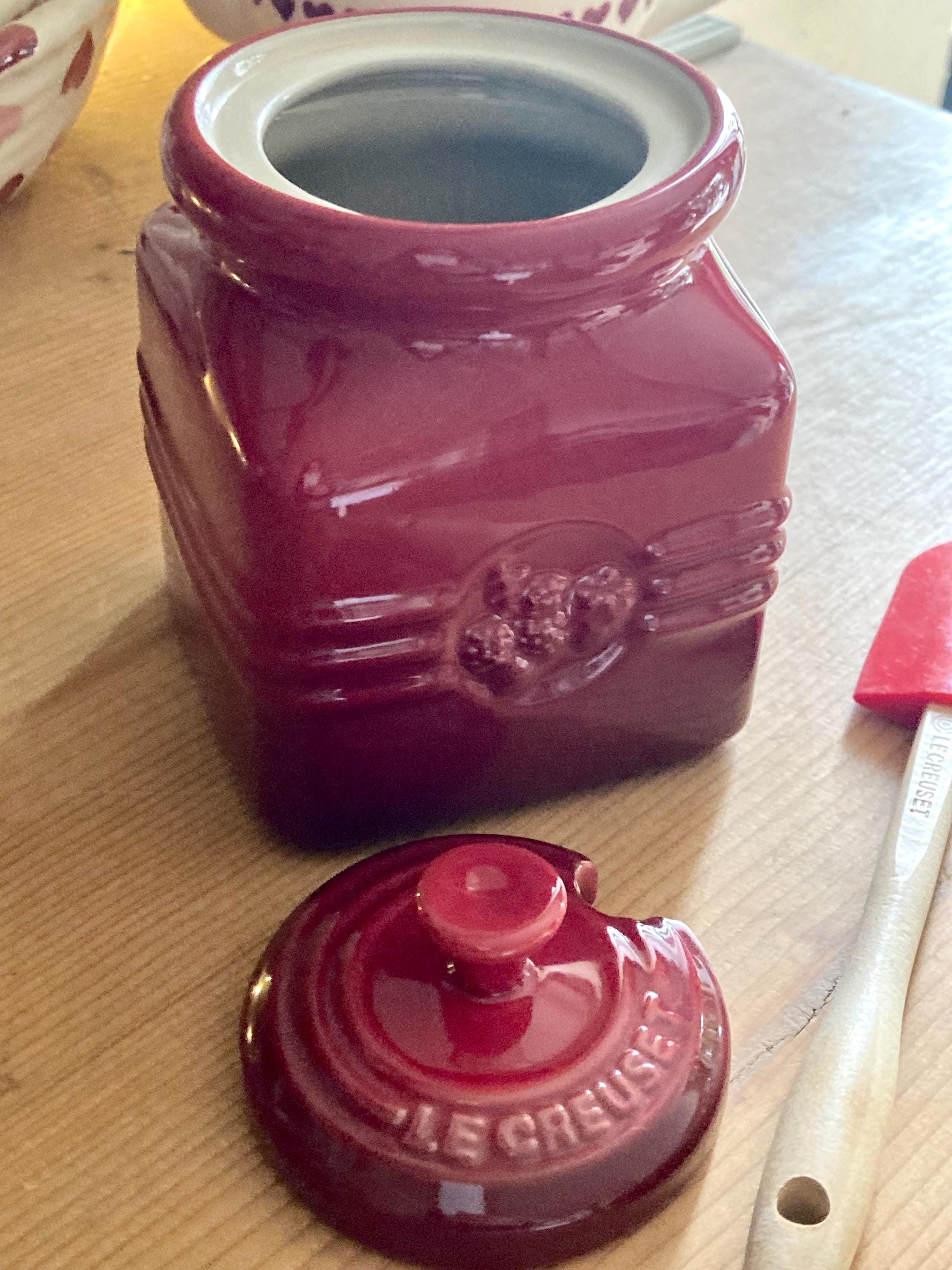 Rare Le Creuset Jam Jar Set - Cerise Stoneware, Lid & Spatula