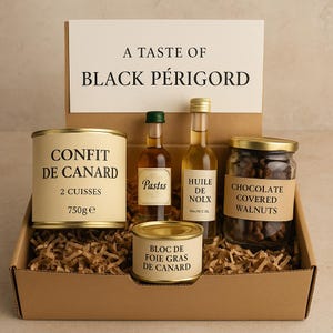 Whispers of Walnut & Woodsmoke – Black Perigord Gourmet Gift Box | Maison Adoree | Foie Gras, Confit Pastis, Walnut Oil and Chocolate