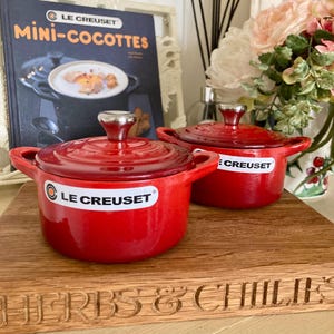 Rare Le Creuset Cast Iron Mini Cocottes Pair Cerise Red 10cm | French Enamel Dutch Ovens | Stainless Knobs | Made in France cottagecore