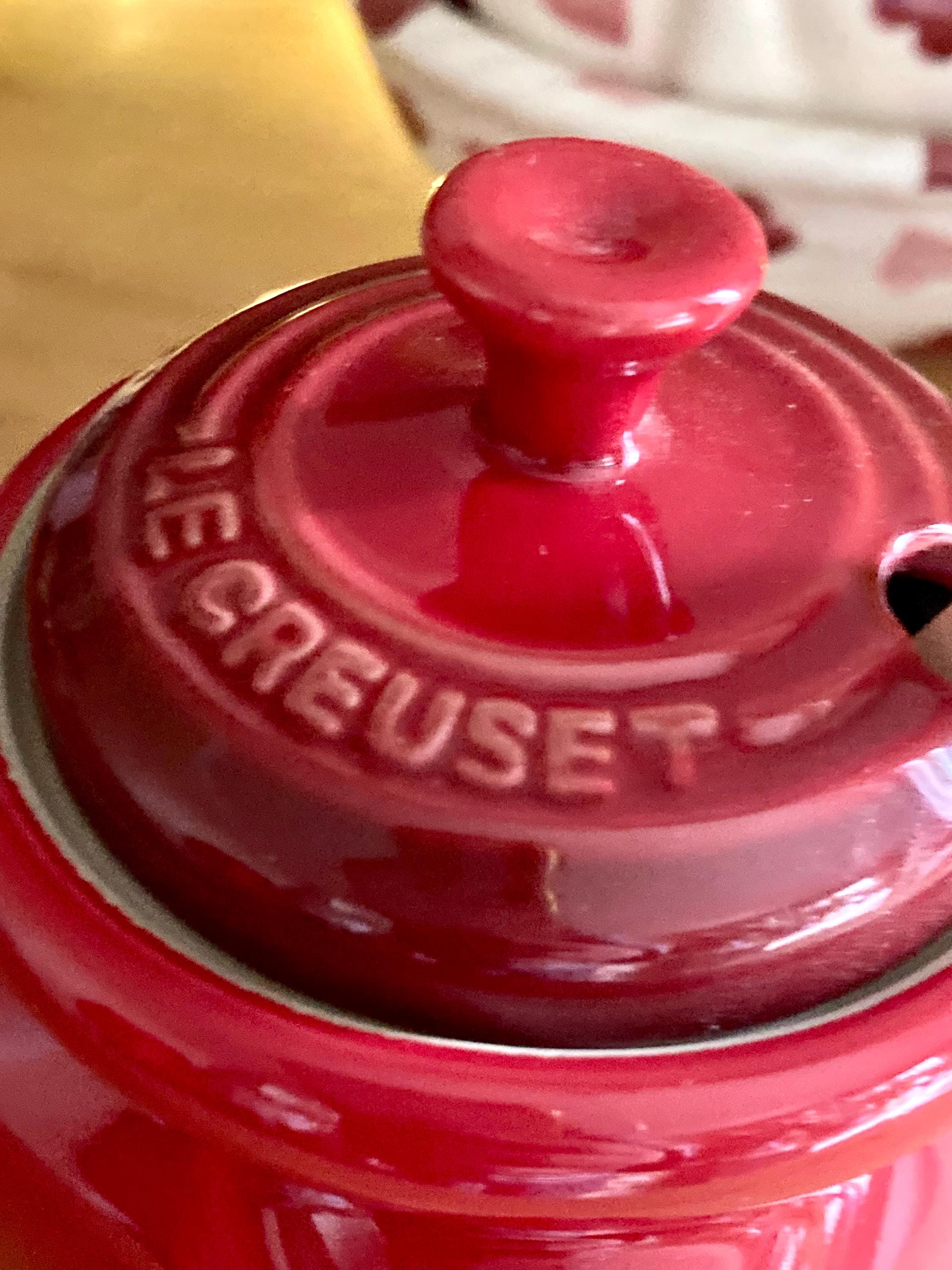 Rare Le Creuset Jam Jar Set - Cerise Stoneware, Lid & Spatula