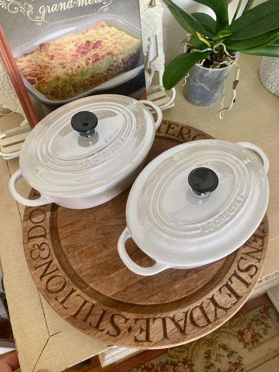 Rare Le Creuset Pearlised White Mini Cocottes: 17cm Lidded