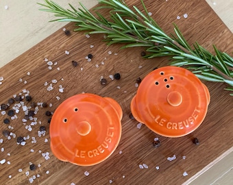 Vintage Le Creuset Salt & Pepper Shakers: Volcanic Orange Mini Cocottes