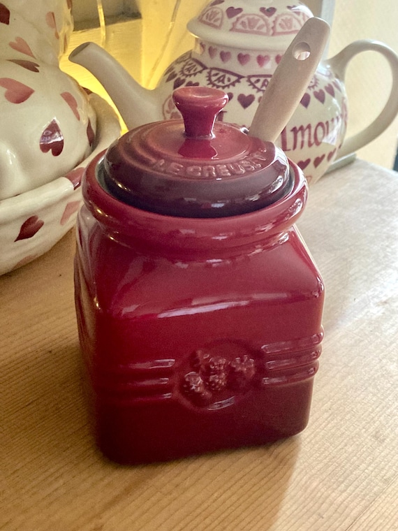 Rare Le Creuset Jam Jar Set - Cerise Stoneware, Lid & Spatula