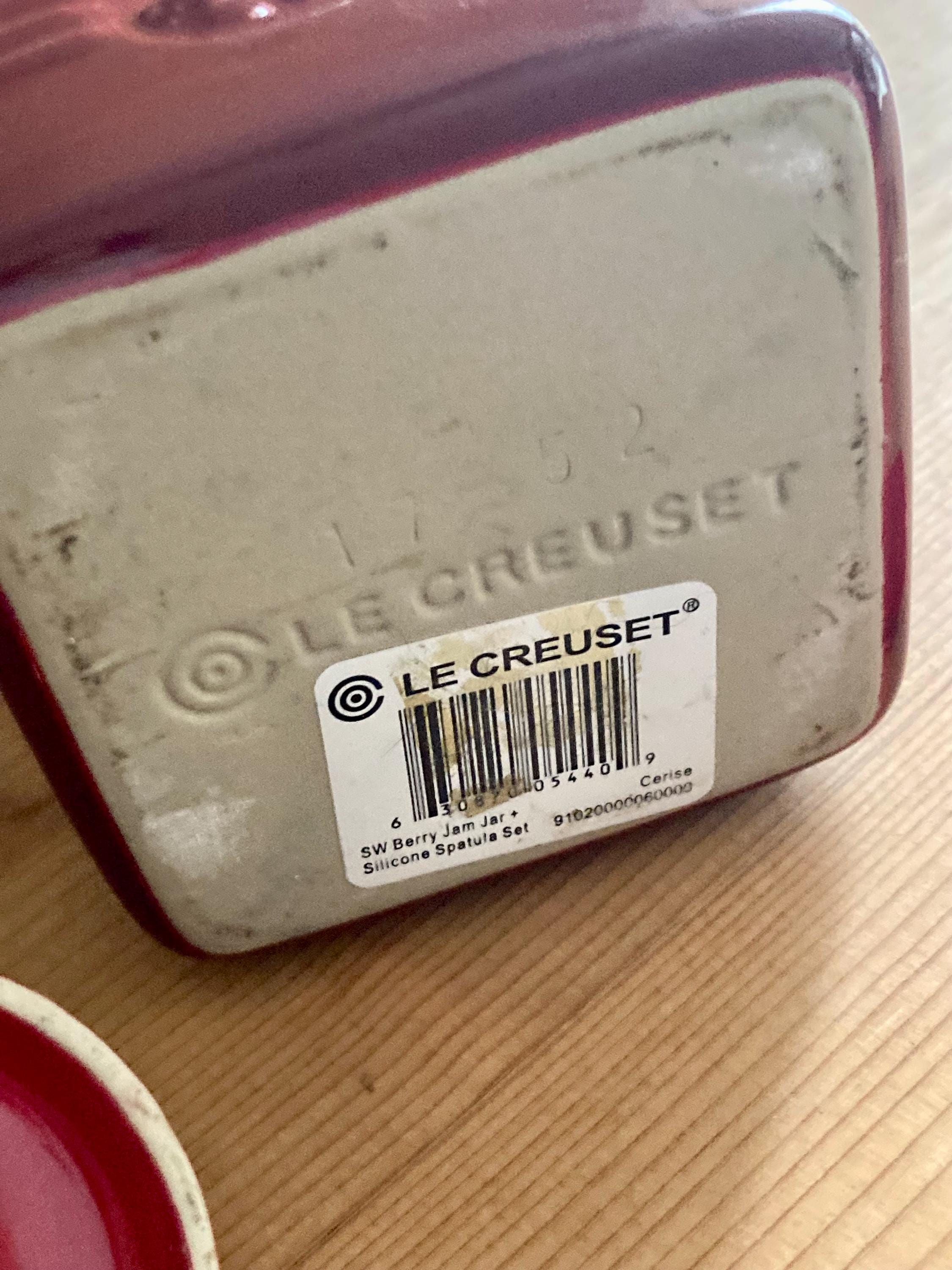 Rare Le Creuset Jam Jar Set - Cerise Stoneware, Lid & Spatula