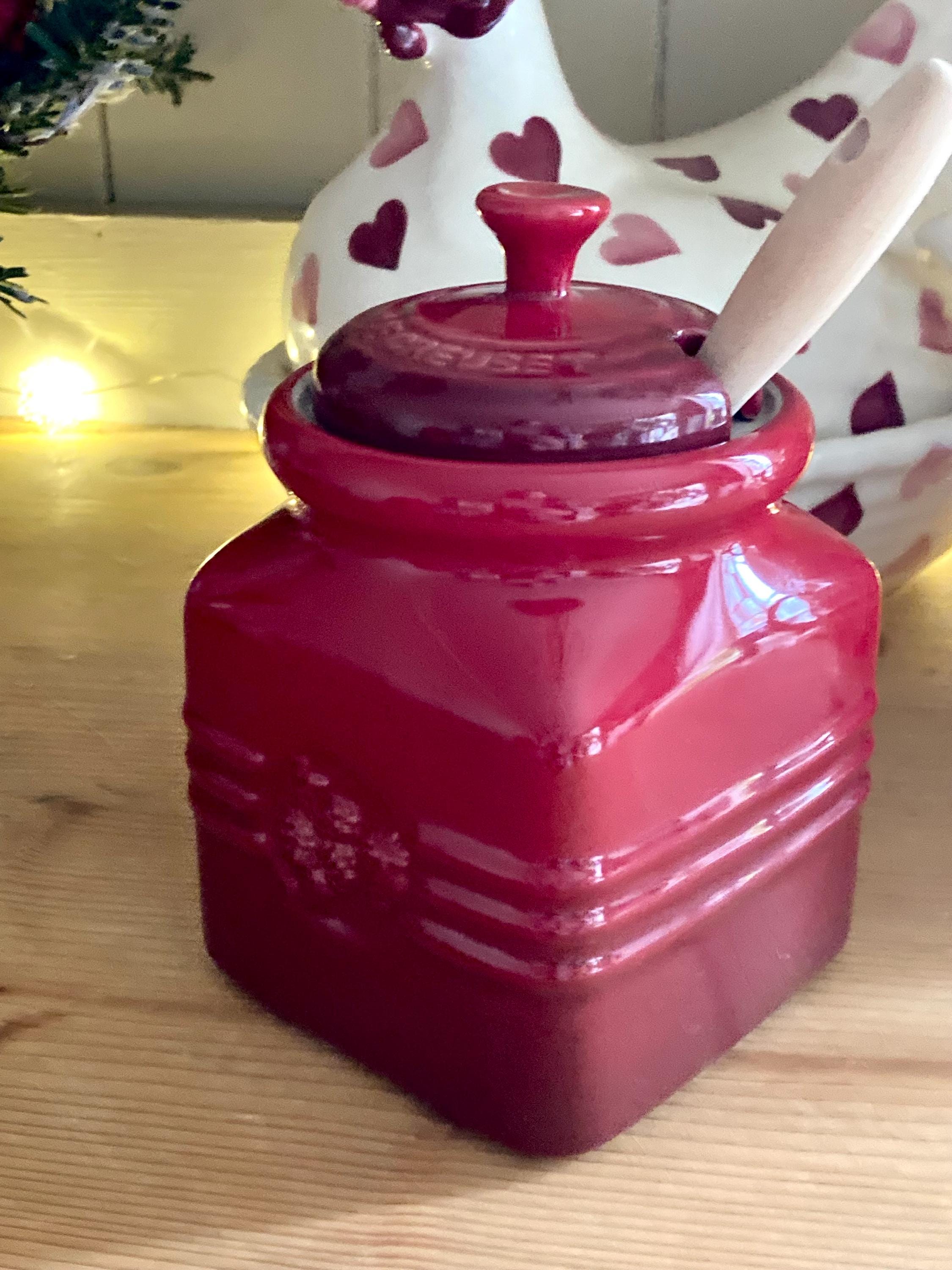 Rare Le Creuset Jam Jar Set - Cerise Stoneware, Lid & Spatula