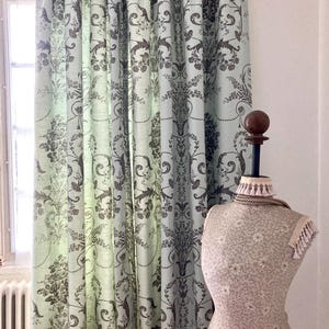Laura Ashley Curtains – Rare Linen Blend ‘Josette’ in charcoal on Duck egg Blue, Interlined, French cottagecore Country Toile window Drapes