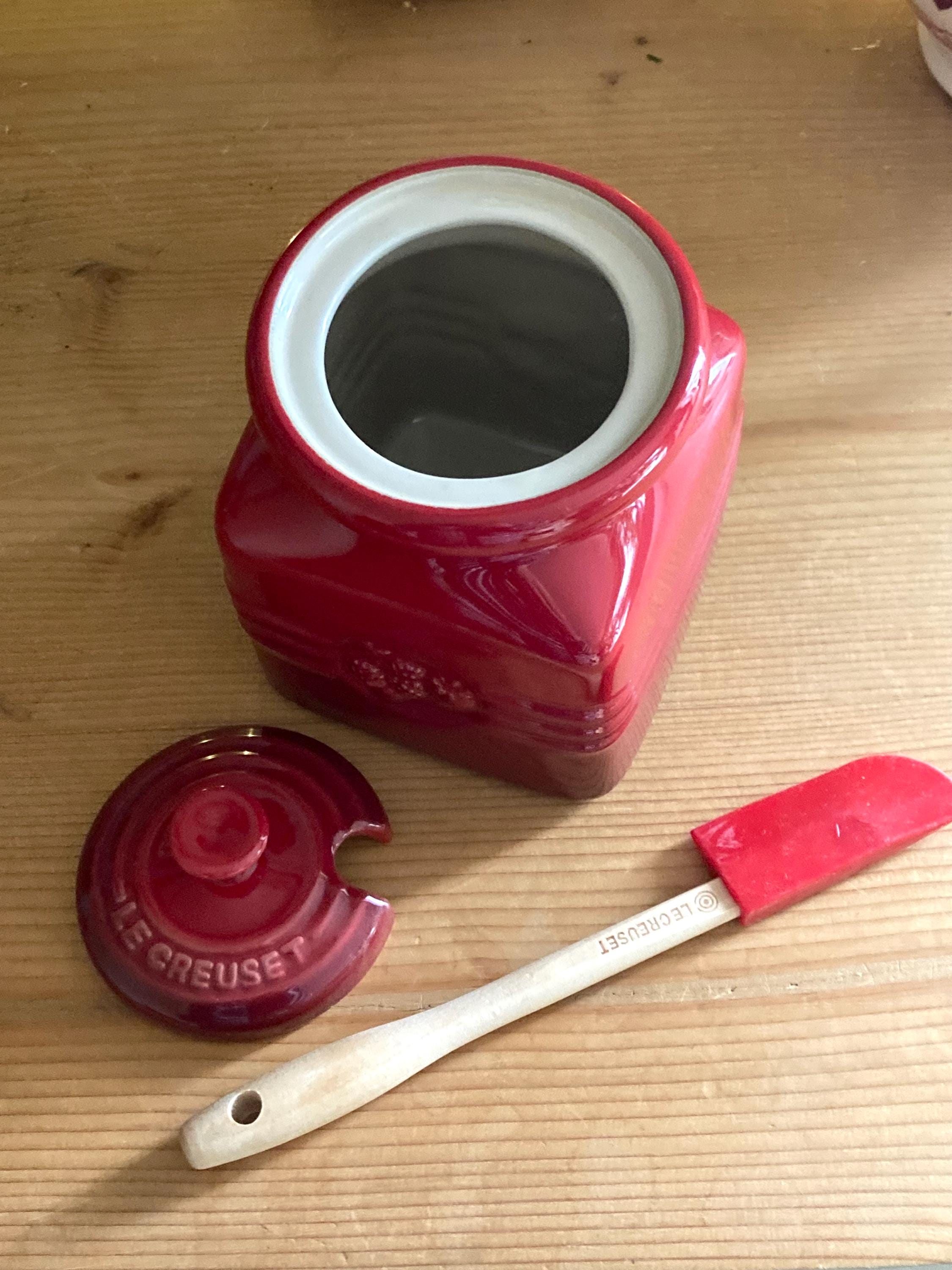 Rare Le Creuset Jam Jar Set - Cerise Stoneware, Lid & Spatula