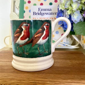 May include: A cream-colored ceramic mug featuring a repeating illustration of two robins with red breasts and brown wings against a dark green background. The mug has a sturdy handle and a wide, raised base, showcasing a detailed avian design.