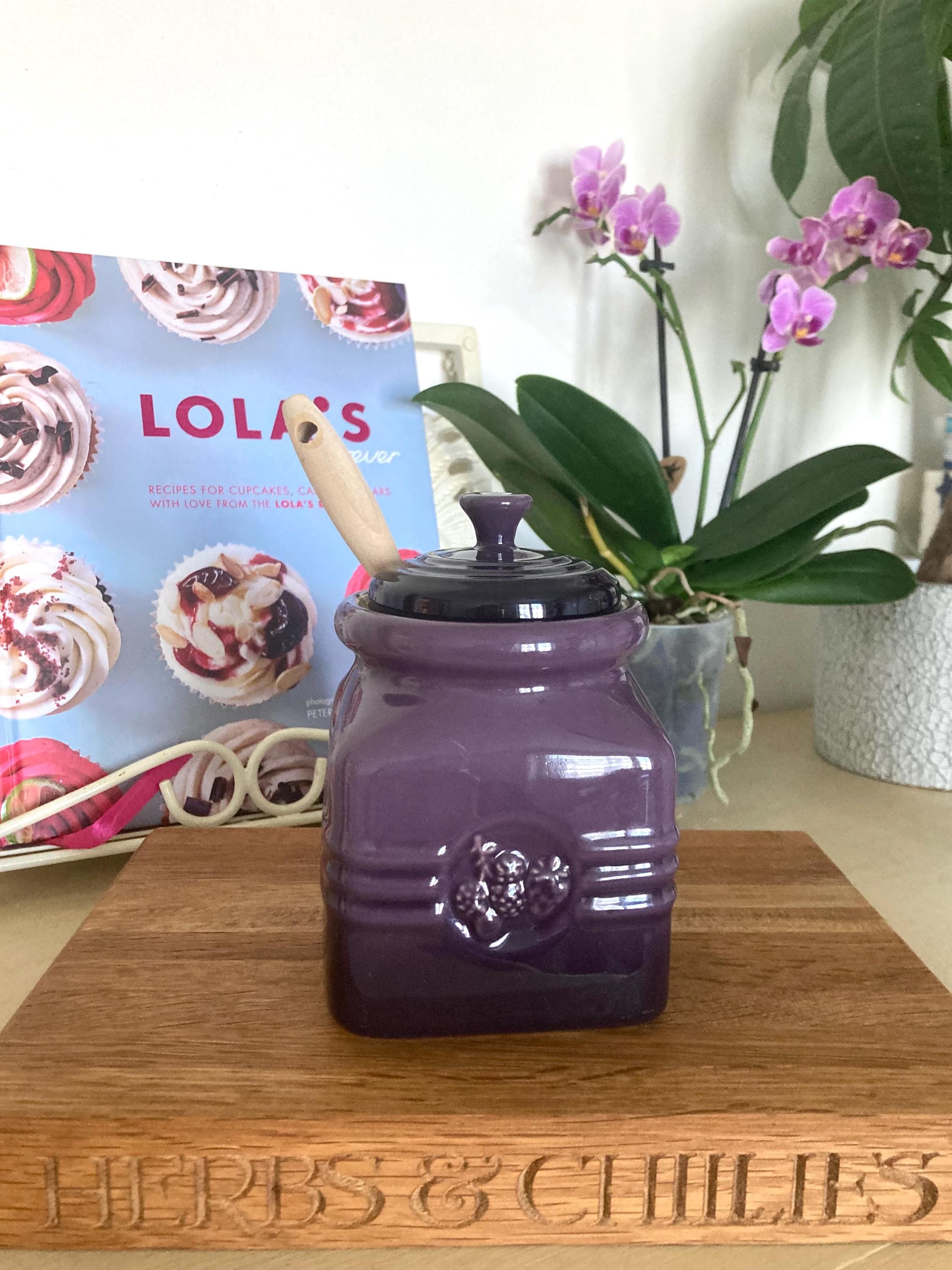 Rare Le Creuset Cassis Jam Jar Set - Cassis Purple Stoneware, Lid