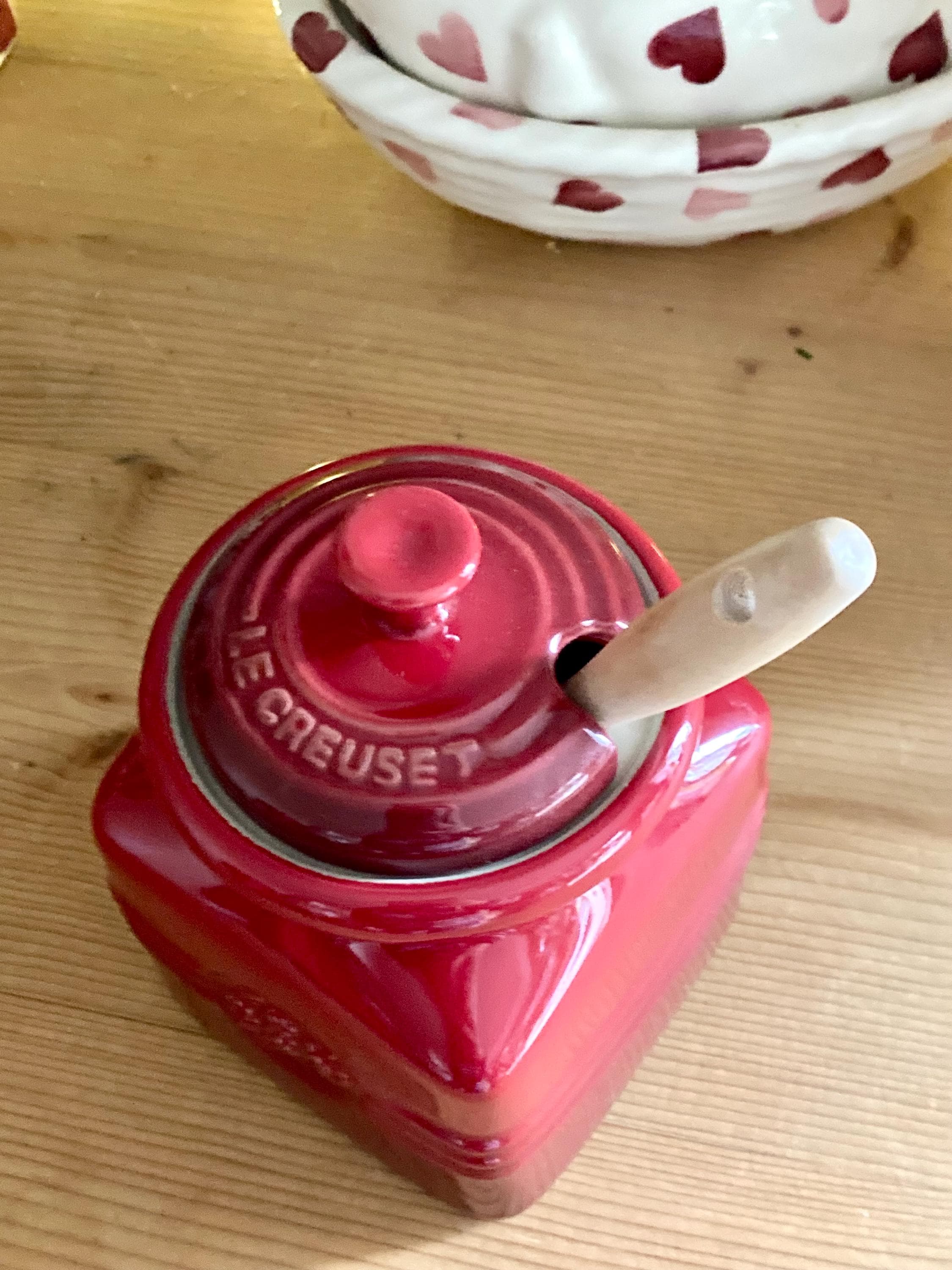 Rare Le Creuset Jam Jar Set - Cerise Stoneware, Lid & Spatula