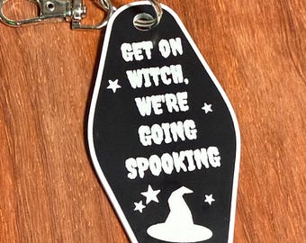 Funny Halloween Keychain, Witch on Broom, Spooky Season Gift (Laser Engraved Acrylic)