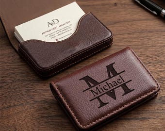 Personalized Leather Business Card Holder | Custom Engraved Card Case Magnetic Closure