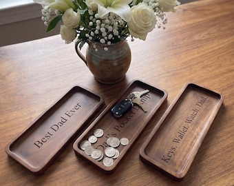Personalized Acacia Wood Valet Tray, Custom Engraved Catchall for Dad
