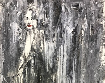 May include: A black and white abstract painting of a woman with red lips. The woman is standing in front of a background of vertical brushstrokes.