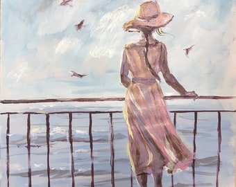 Woman Painting, Original Acrylic Art, A4 Watercolor Paper