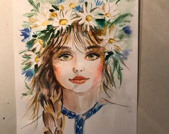 Ukrainian Woman Watercolor Painting, Floral Crown Portrait, A4 Art