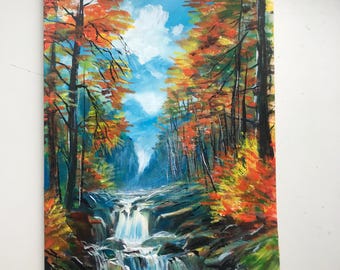 Original Mountain Landscape Acrylic Painting, Waterfall Art