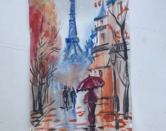 Pintura en acuarela de la Torre Eiffel de París, lámina artística tamaño A4.