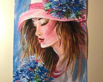 Fille au chapeau, peinture acrylique originale, art floral