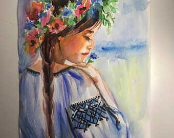Ukrainian Girl Watercolor Painting, A4 Art Print