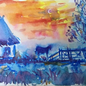 Evening Painting, Evening Watercolor, Evening, Sunset Painting, Sundown, Night