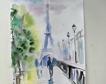 Pintura de acuarela de París, arte de la Torre Eiffel, impresión A4