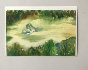 Pintura de niebla en acuarela, lámina artística tamaño A4.