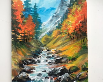Original Mountain Landscape Acrylic Painting, Autumn River Art (A4)