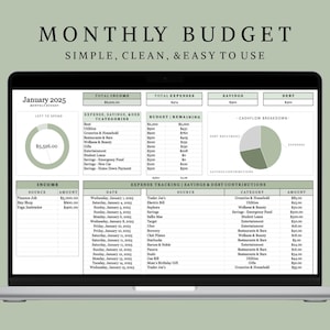 May include: A laptop screen displaying a monthly budget spreadsheet for January 2025. The spreadsheet includes sections for income, expenses, savings, and debt. The spreadsheet is color-coded with green and white.