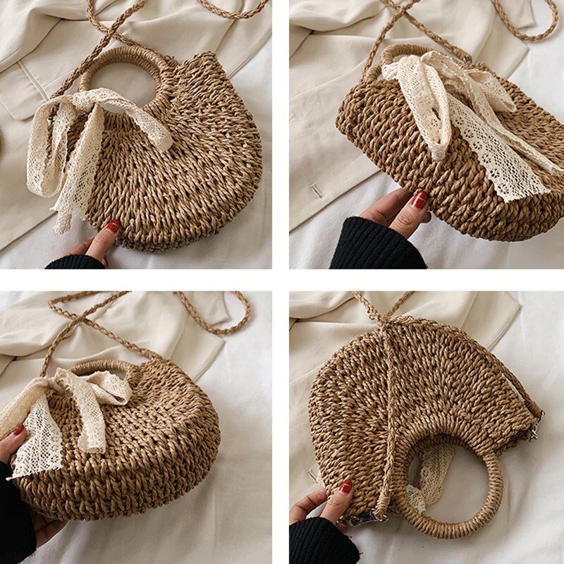 Straw Bag Women Hand-Woven Handbag Moon Shape Lace Bow Rattan | Etsy