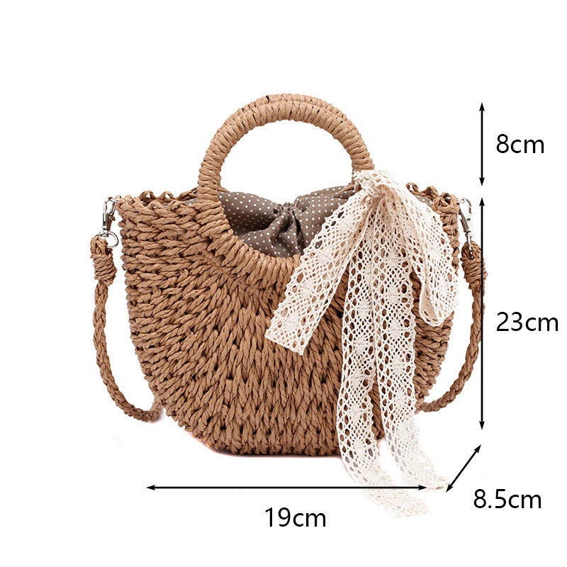 Straw Bag Women Hand-Woven Handbag Moon Shape Lace Bow Rattan | Etsy