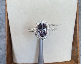 Lab Alexandrite Halo Ring: Sterling Silver June Birthstone
