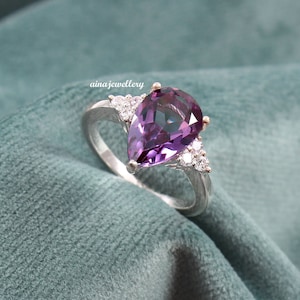 Alexandrite Ring, Three Stone Ring, 925 Sterling Silver, Alexandrite Jewelry, June Birthstone, Pear Cut Alexandrite, Promise Ring, Gift Her