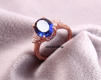 Blue Sapphire Ring: Oval Cut, Rosegold Plated 925 Sterling Silver