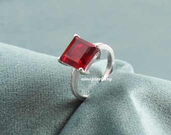 Square Lab Ruby Ring: 925 Sterling Silver Solitaire, July Birthstone