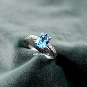 Swiss Blue Topaz, Oval Cut Topaz, Engagement Ring, Natural Topaz, Wedding Ring, 925 Sterling Silver, Stacker Ring, Statement Ring, Gift Her