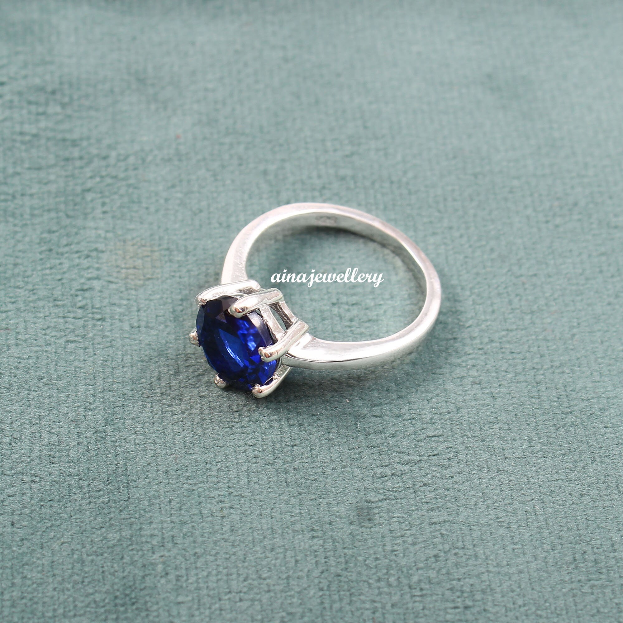 Bague Solitaire Saphir Bleu Lab-créé - Argent 925 - Taille US 7 - Vagmine Jewel - Idéale Fiançailles, Anniversaire, Cadeau Amour