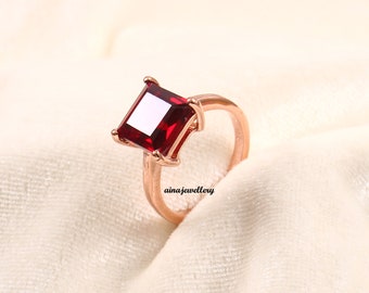 Red Ruby Ring, Solitaire Ring, July Birthstone, 925 Sterling Silver, Purpose Ring, Ruby Ring, Cluster Ring, Square Cut Ruby, Engagement Ring