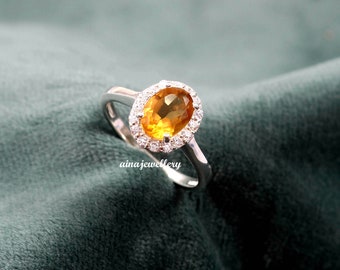 Citrine Ring, Halo Ring, Wedding Ring, Statement Ring, Oval Cut Citrine, 925 Sterling Silver, Engagement Ring, Stackable Ring, Gift For Her