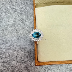 London Blue Topaz Ring, 925 Sterling Silver, Halo Ring, Blue Topaz Jewelry, Bridal Ring, Oval Cut Topaz, Birthday Gift Ring, Engagement Ring