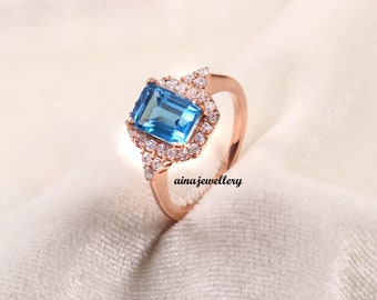 Handmade Swiss Blue Topaz Ring: Sterling Silver Octagon Halo Ring