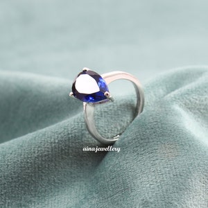 Blue Sapphire Ring, Sapphire Jewelry, 925 Sterling Silver, September Birthstone, Solitaire Ring, Pear Cut Ring, Wedding Ring, Gift For Her